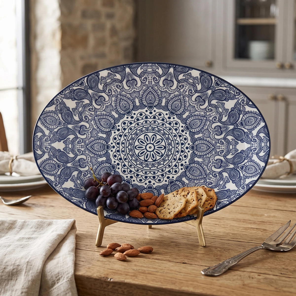 Che Brucia Oval porcelain plate – 30 CM or 35 CM | Green or Blue | Glossy Decorative Porcelain Serving Plate with Raised Rim and Ornamental Pattern - Blue / 35 CM - Image 3
