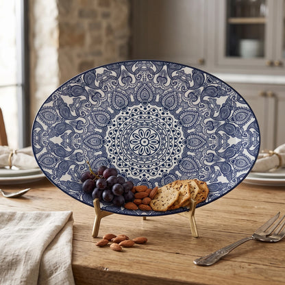 Che Brucia Oval porcelain plate – 30 CM or 35 CM | Green or Blue | Glossy Decorative Porcelain Serving Plate with Raised Rim and Ornamental Pattern - Blue / 35 CM - Image 3