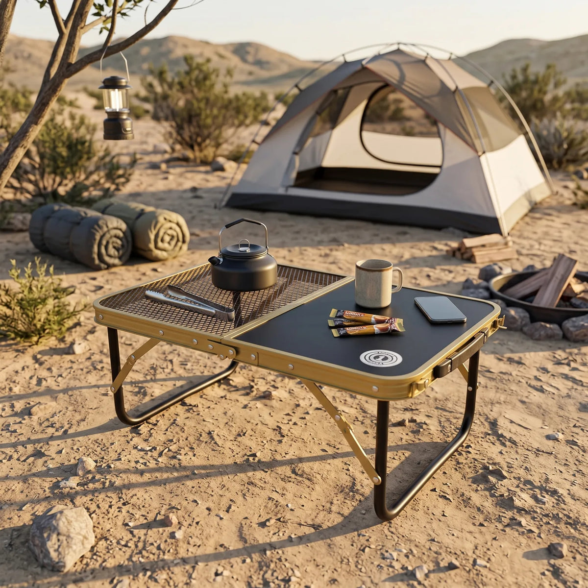 Omega 1 Korea Lightweight Gold Toned Outdoor Camping Table – 60 x 40 x 25 cm | Split Heat-Resistant Mesh and Solid Tabletop | Folding Table