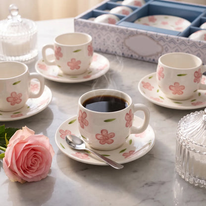 12-Piece Ceramic Coffee Cup and Saucer Set – 6 Cups and 6 Saucers | White Floral Design with Pink Flowers and Green Leaves