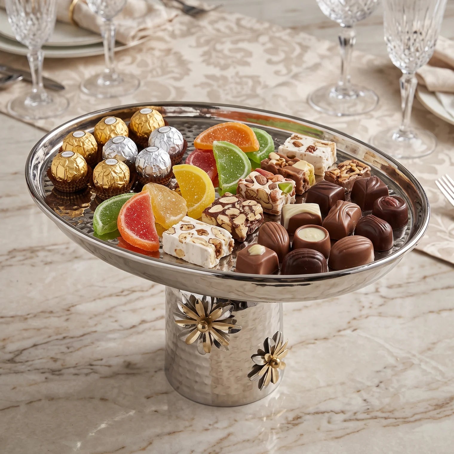 Silver Metal Oval Serving Stand – 23 × 26 × 38 cm | Flower Detailed Base | Raised Rim Dessert Tray