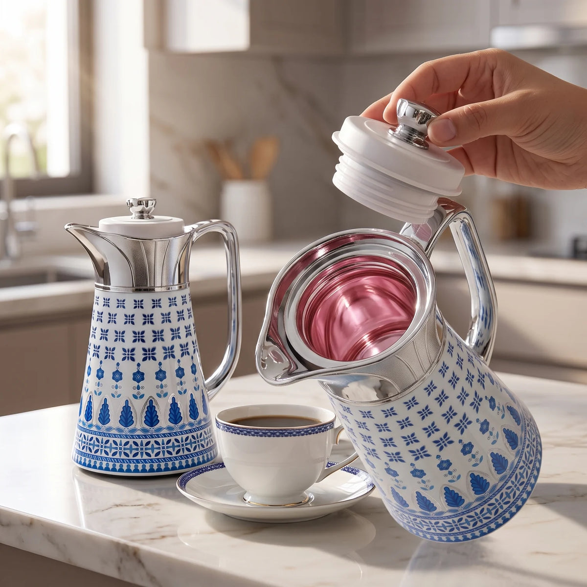 Regal 2 piece Blue-White patternd vacuum jug set – 0.5L + 1.0L | Leak Proof | Keeps Drinks Hot or Cold