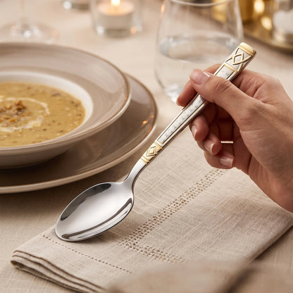 6 Pieces Stainless Steel Dinner Spoon Set – Silver and Gold-Tone Decorative Handles | Table Cutlery for Dining
