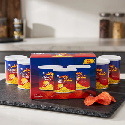 Chips Oman Chilli Flavour Potato Chips – New Pack, 6 Cans at 37g Each | Potato Snack for Sharing or Everyday Enjoyment