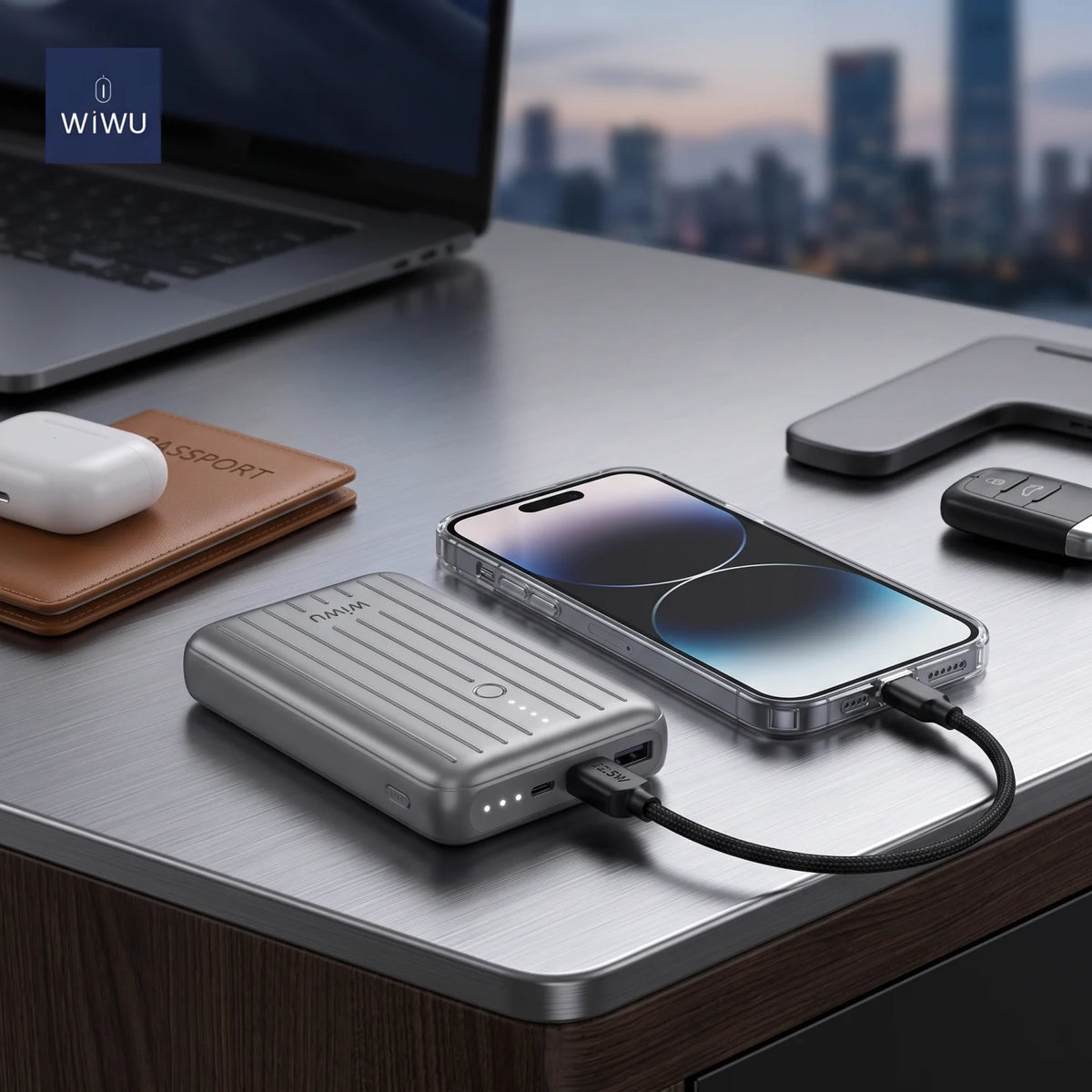 WiWU TRUNK Power Bank 10000mAh 22.5W – PD+QC Fast Charger, Mini Portable Design, Battery Indicator Lights, 3C Safety Certification, Gray/Silver