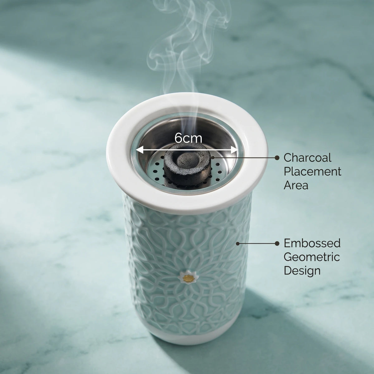 OTANTIC ASALA Small Teal Incense Burner – Embossed Geometric Pattern, Metal Insert Cup and 6cm Charcoal Area