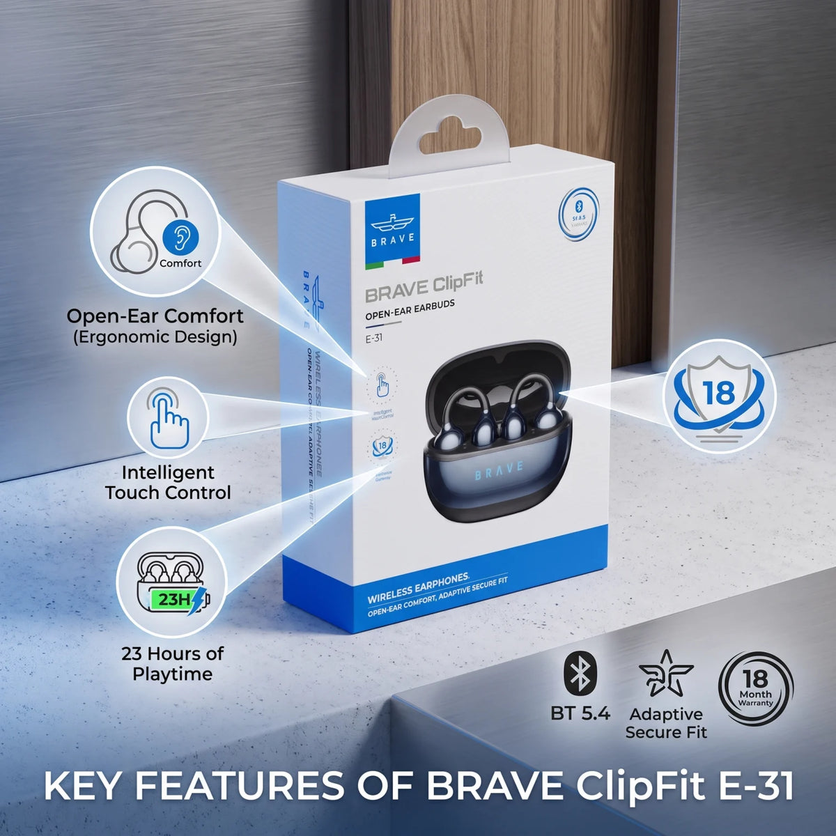 BRAVE ClipFit E-31 Wireless Open-Ear Earbuds – Black | Bluetooth 5.4 | Intelligent Touch Control | Adaptive Secure Fit Earphones