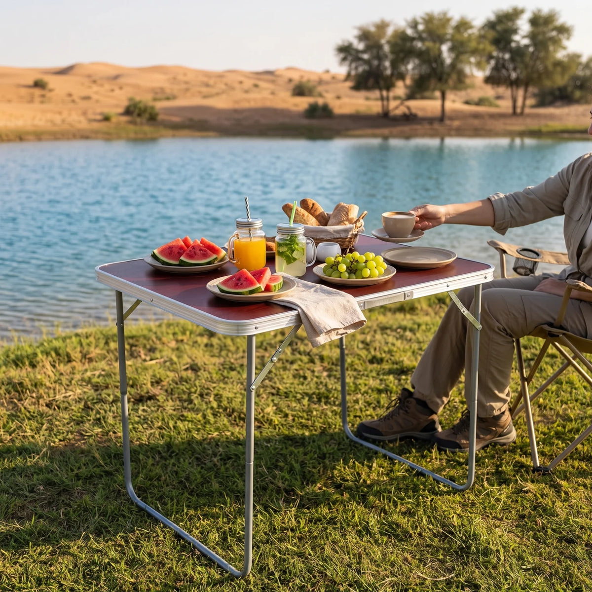Alluminium Alloy Portable Folding Camping & Picnic Table – 70 x 60 x 80 cm | Maroon Wood-Grain Top | Outdoor Serving Table