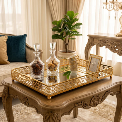 PALERMO Gold-Trimmed Rectangular Decorative Serving Tray – Mirrored Glass Base, Cutout Metal Handles, Raised Edges, 53 x 28 x 6 cm