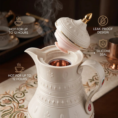 Rose Decorative Vacuum Flask 1 Liter – Ornate Traditional Embossing | Leak-Proof Tea and Coffee Flask