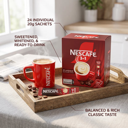 NESCAFÉ 3 IN 1 Classic Instant Coffee Mix – 24 x 20g Sachets | Balanced & Rich Sweetened Whitened Coffee