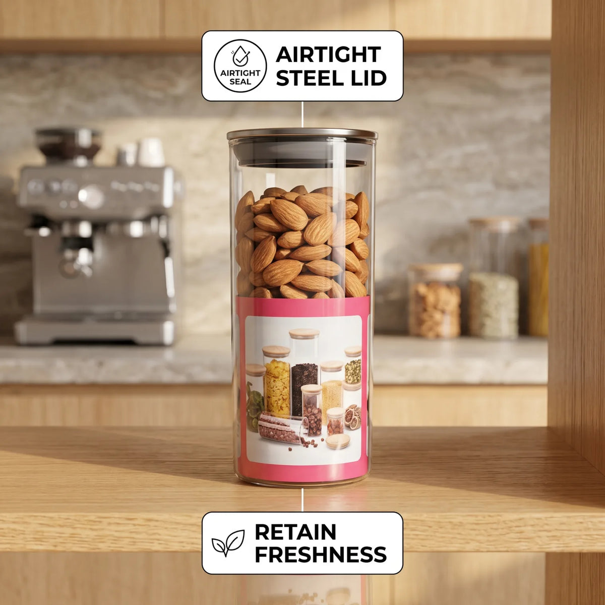 Yuniverse Canister Jar with Airtight Steel Lid – 16 cm Height x 6 cm Width | Transparent Cylindrical Food Storage Container