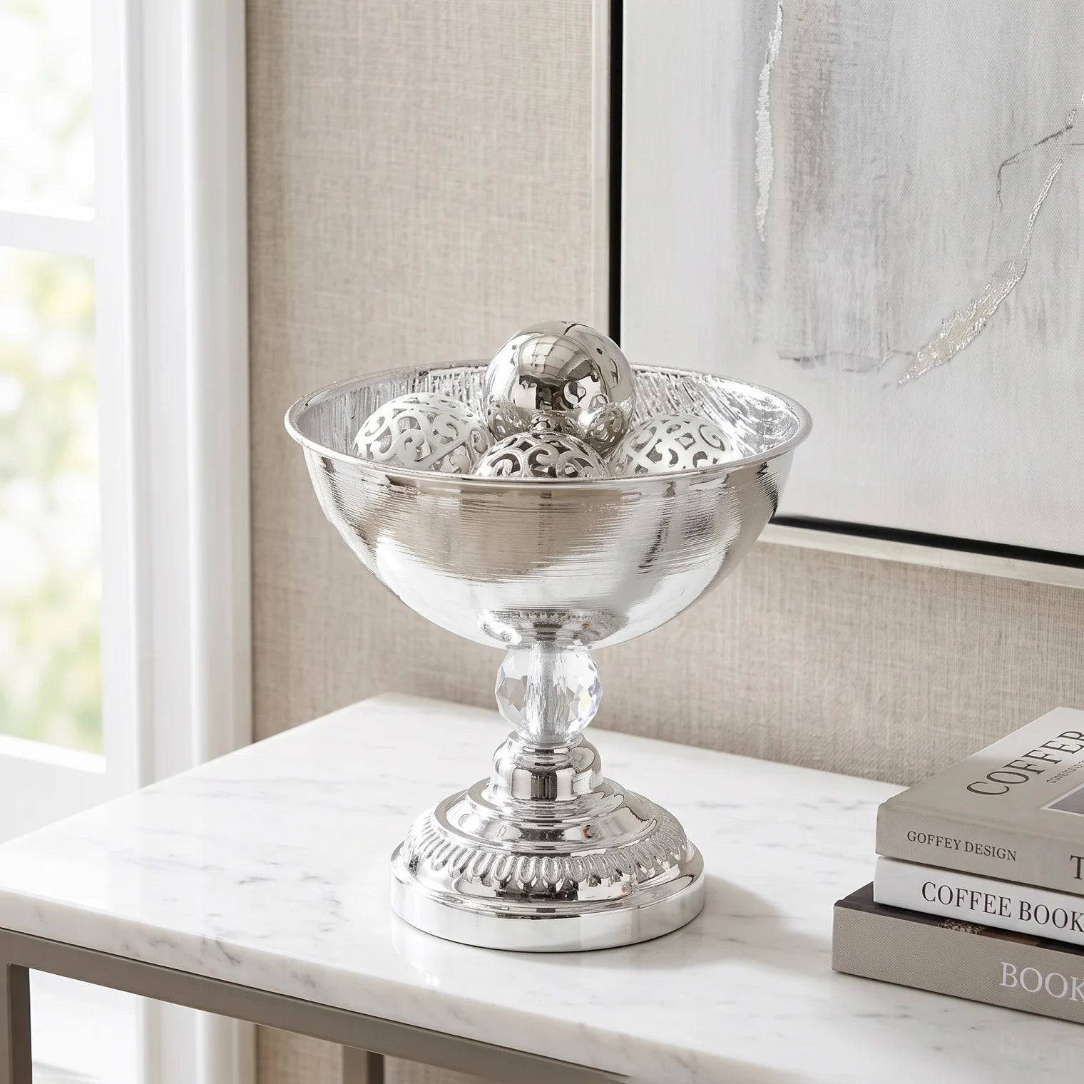 Shiny Silver Metal Decorative Footed Bowl – 18 cm Height, 19 cm Width and Length | Ornate Home Display Accent