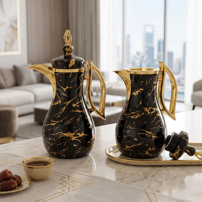 Pilsco 2-Piece Marble Black - Gold Decorative Vacuum Flask Set | Arabic Design, Stainless Steel, 1.0 + 1.0 L
