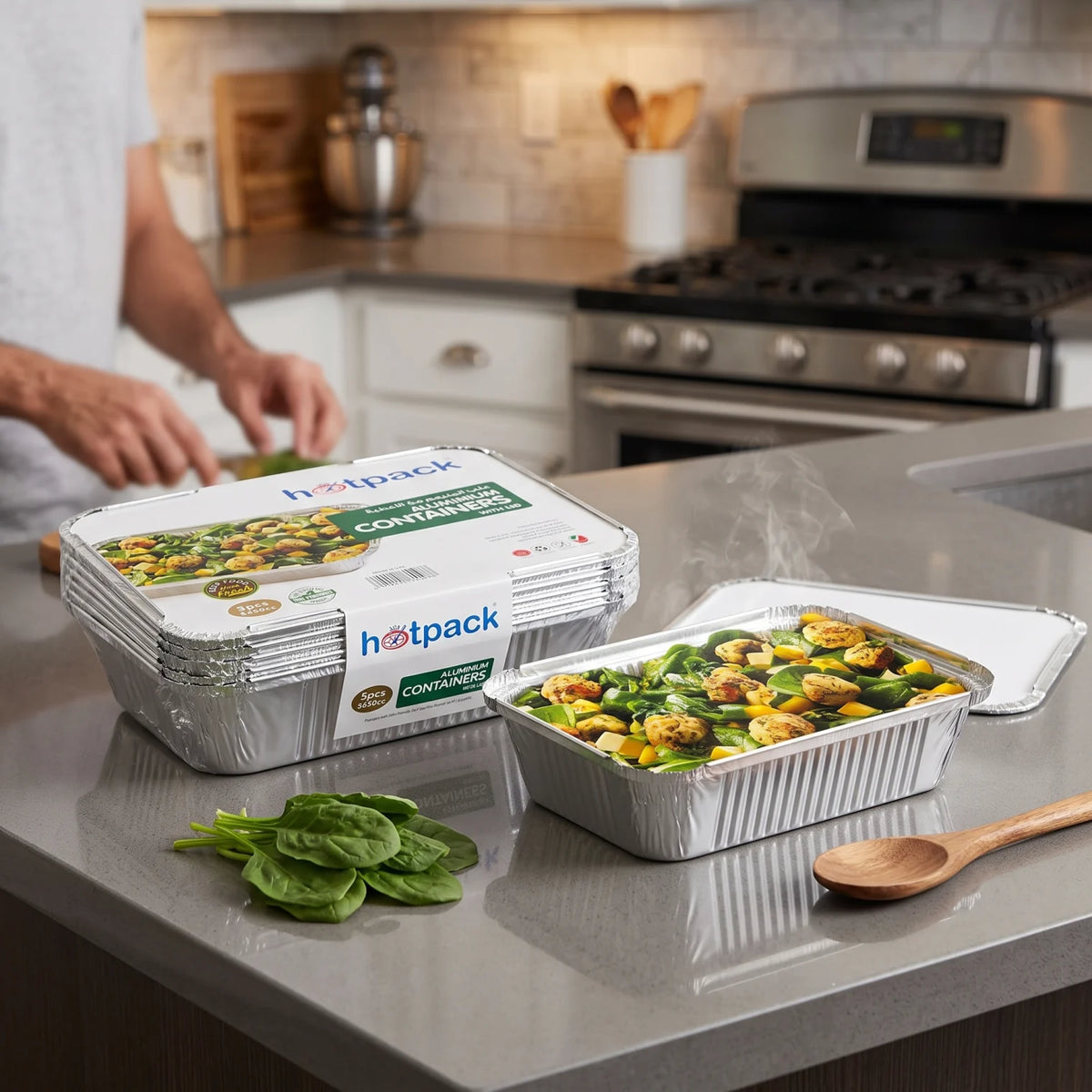 hotpack Aluminium Food Containers – 3.65 Liter, 5 Pieces | Silver Food-Grade Containers with Lids | Recyclable and Reusable for Hot Food Use