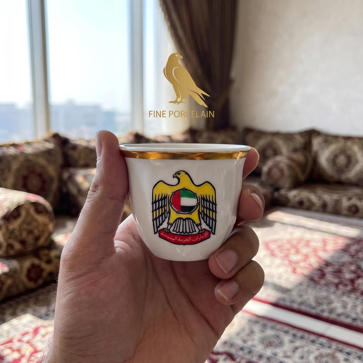 UAE national symbol 6 pieces large Arabic coffee cups set – Fine Porcelain | Gold Trim, UAE Emblems and Matching Saucers
