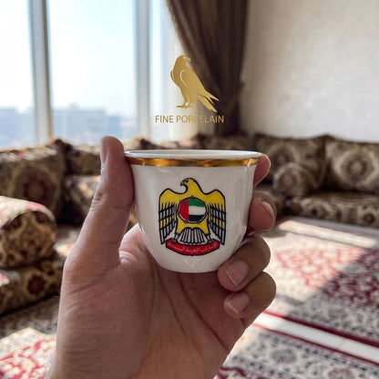 UAE national symbol 6 pieces large Arabic coffee cups set – Fine Porcelain | Gold Trim, UAE Emblems and Matching Saucers