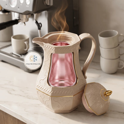 Rose Beige Premium Vacuum Flask 1.3L – Ornate Floral Pattern, Leak-Proof Tea & Coffee Thermos for Hot or Cold Drinks