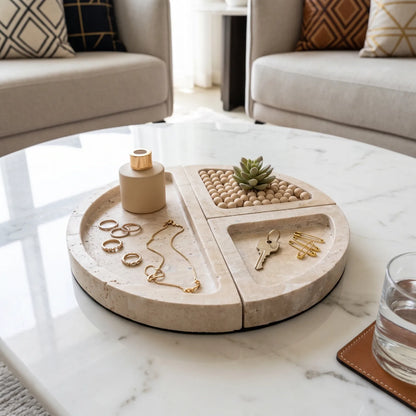 Natural Travertine Stone Tray 3 Pieces Set – 18 x 18 x 2 cm | Beige Stone Serving and Decorative Trays