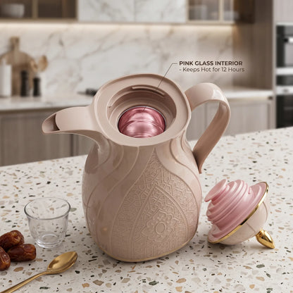Rose Beige Vacuum Flask 1.3 Litre – Arabic Geometric Design, Gold-Tone Accents, Leak-Proof Tea and Coffee Flask