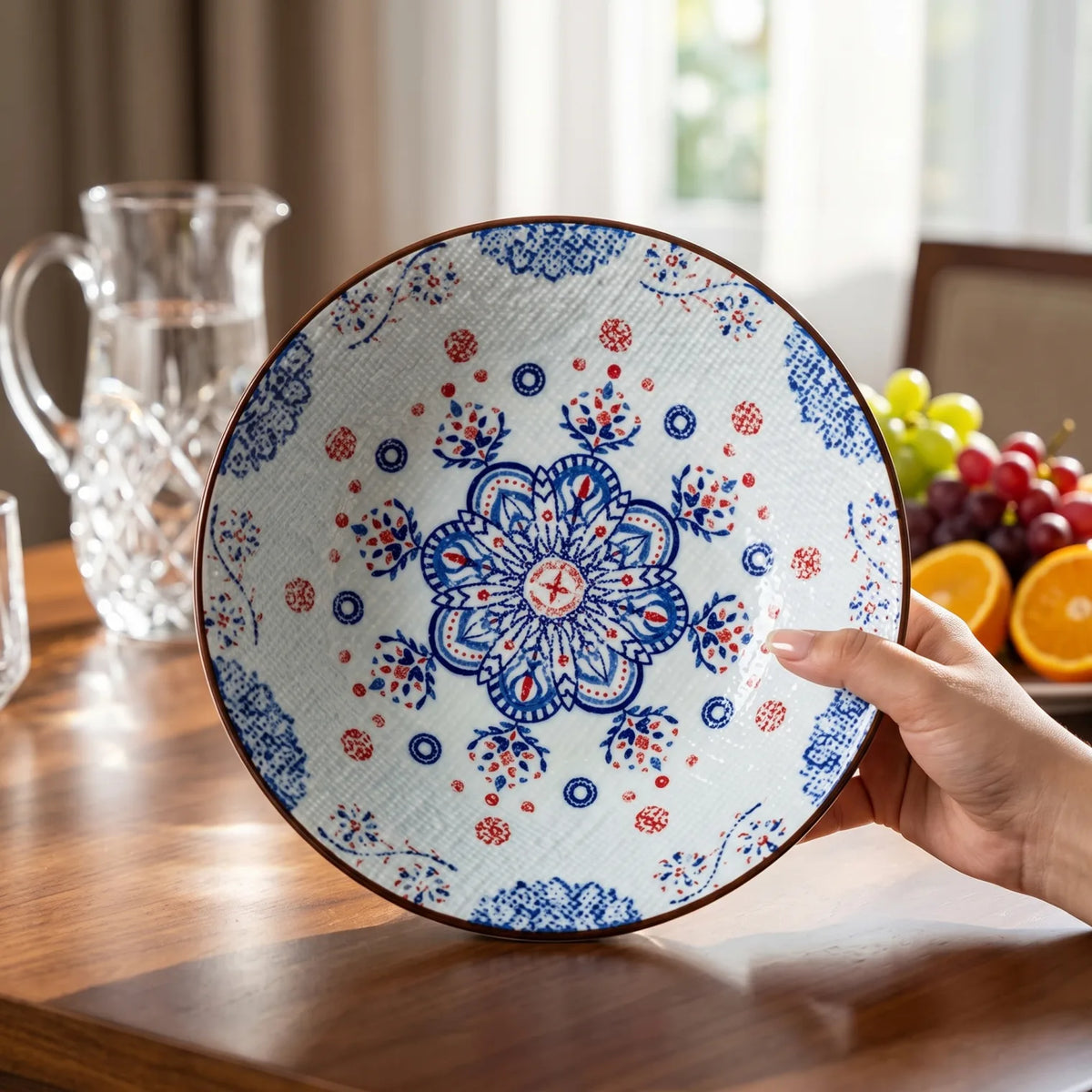 22 CM Ceramic Bowl – Decorative White and Light Blue Design | Blue-and-Red Floral Pattern and Glossy Finish