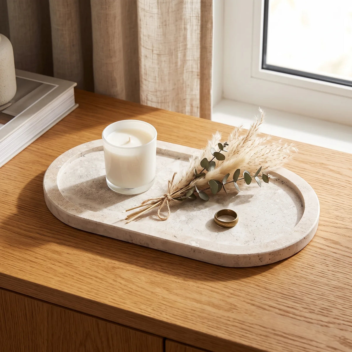 Oval Natural Travertine Stone Serving Tray – 29 x 16 x 2 cm | Raised Rim | Textured Distressed Finish
