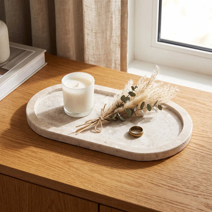 Oval Natural Travertine Stone Serving Tray – 29 x 16 x 2 cm | Raised Rim | Textured Distressed Finish