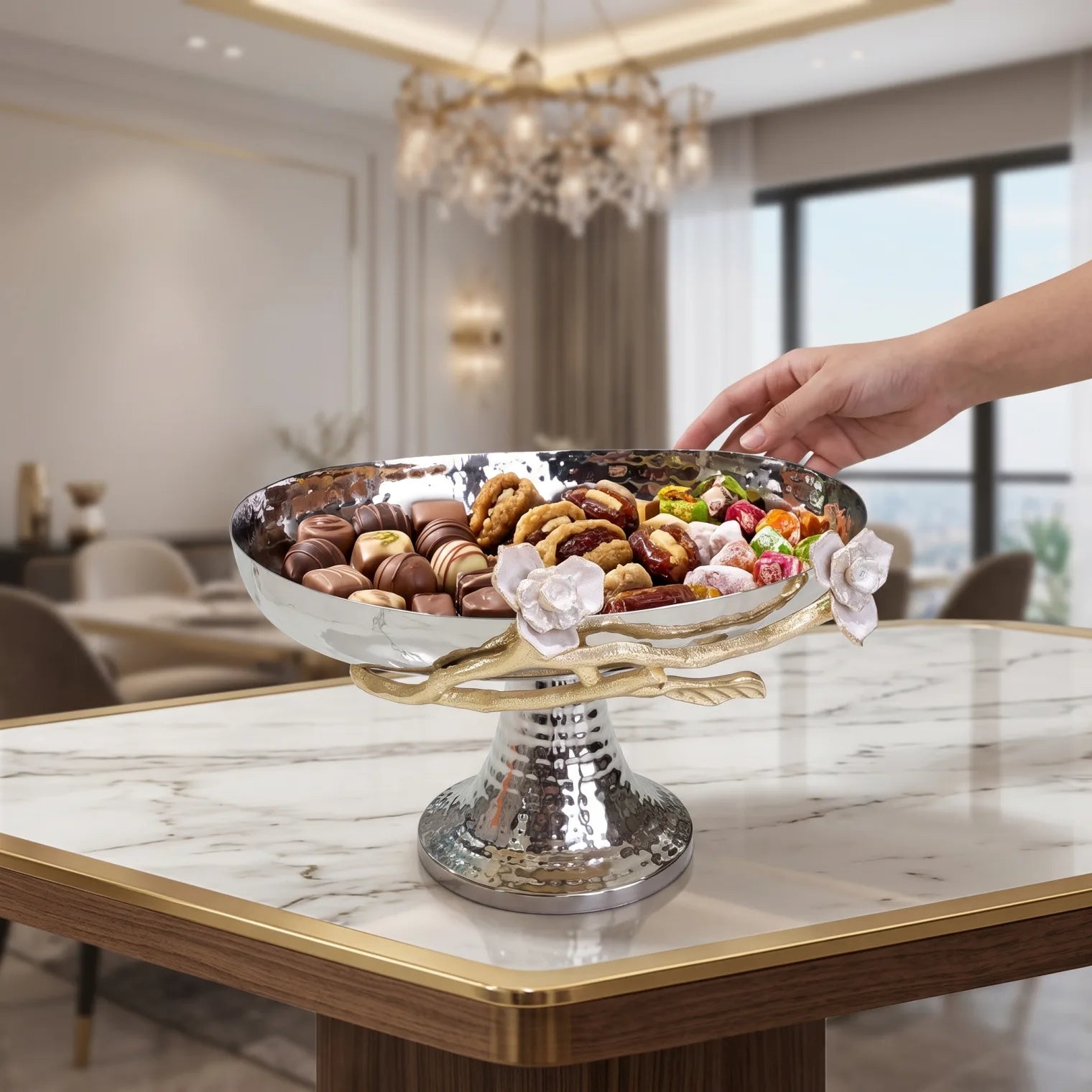 Silver Metal Oval Plate with Base – Gold-Toned Branch and White Floral Accents | Decorative Pedestal Serving Tray Stand