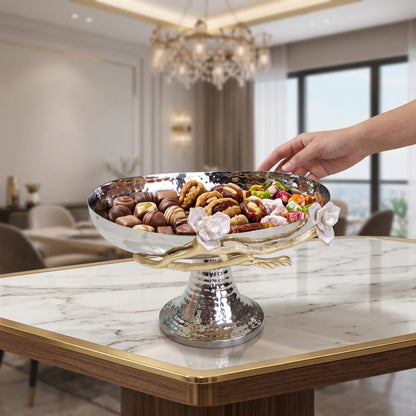 Silver Metal Oval Plate with Base – Gold-Toned Branch and White Floral Accents | Decorative Pedestal Serving Tray Stand
