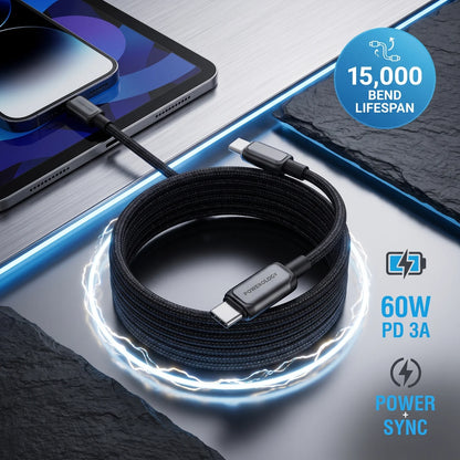 POWERology ZINCO Series USB-C to USB-C Cable 1m – 60W PD, 3A High Current, Braided Charging & Sync Cable