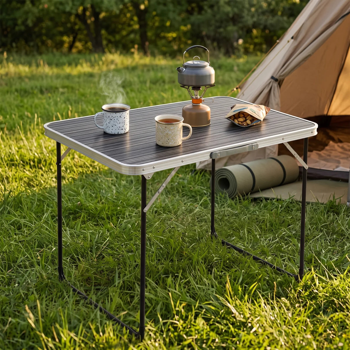 Alluminium Alloy Portable Folding Camping and Picnic Table – 80 x 60 x 70cm | Black and White Lining Texture Top