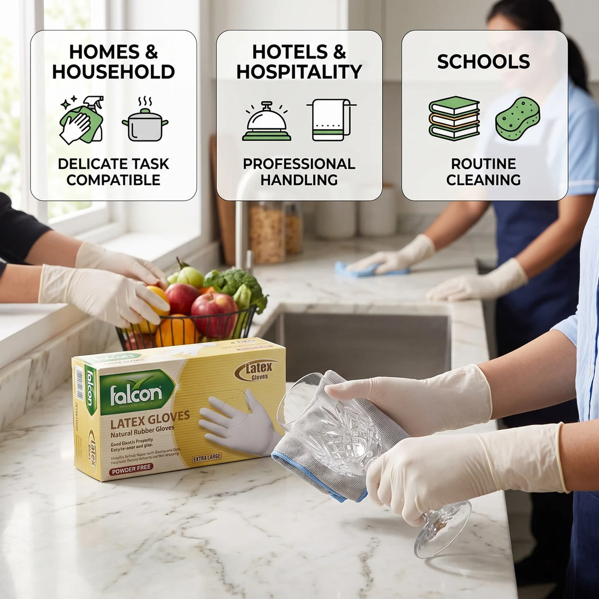 falcon Latex Gloves – Extra Large, 95 Pieces | Powder-Free Natural Rubber Household Gloves