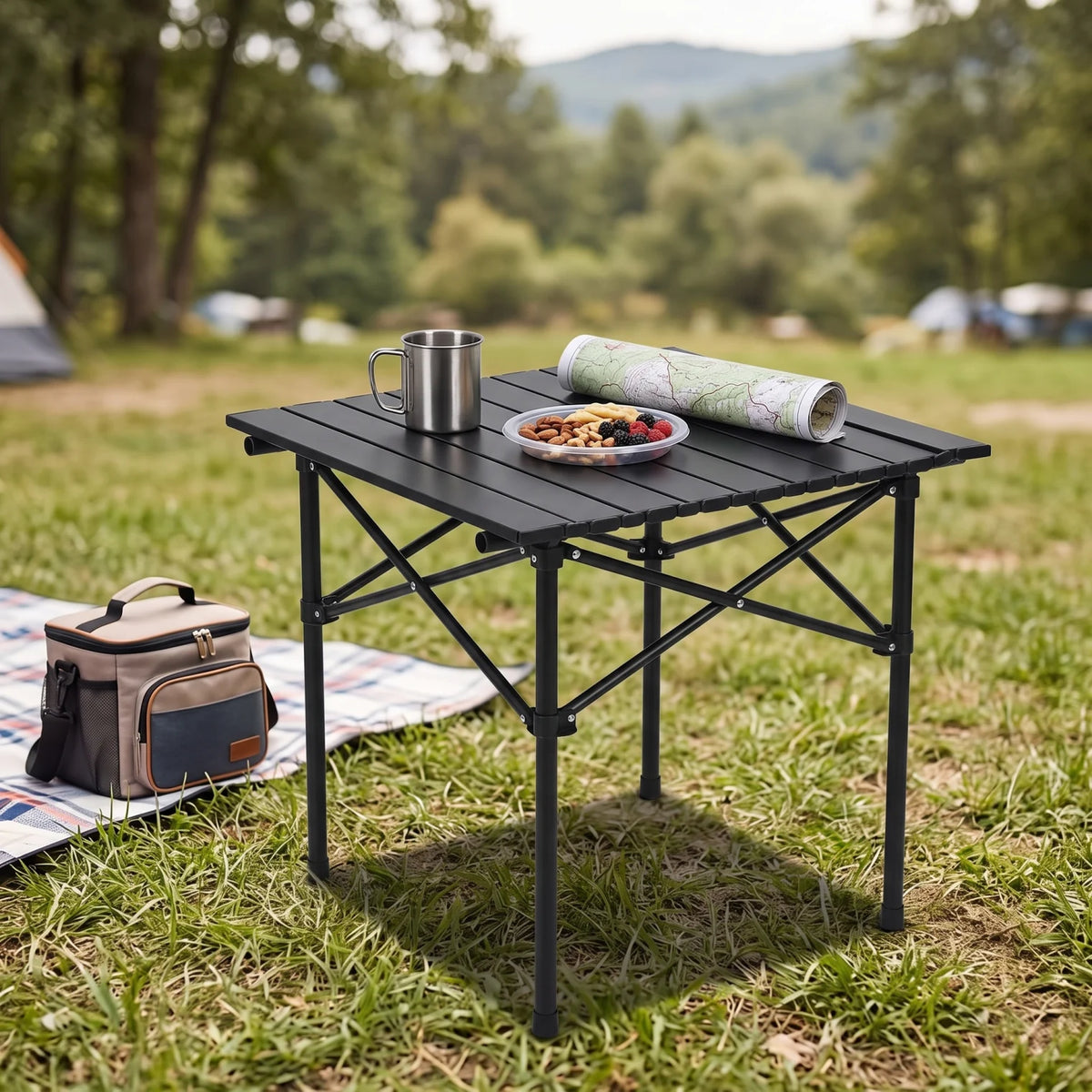 Black Portable Alluminium Alloy Folding Roll-Up Camping Picnic Table – 50 x 50 x 53 cm Compact Outdoor Table with Folding Frame