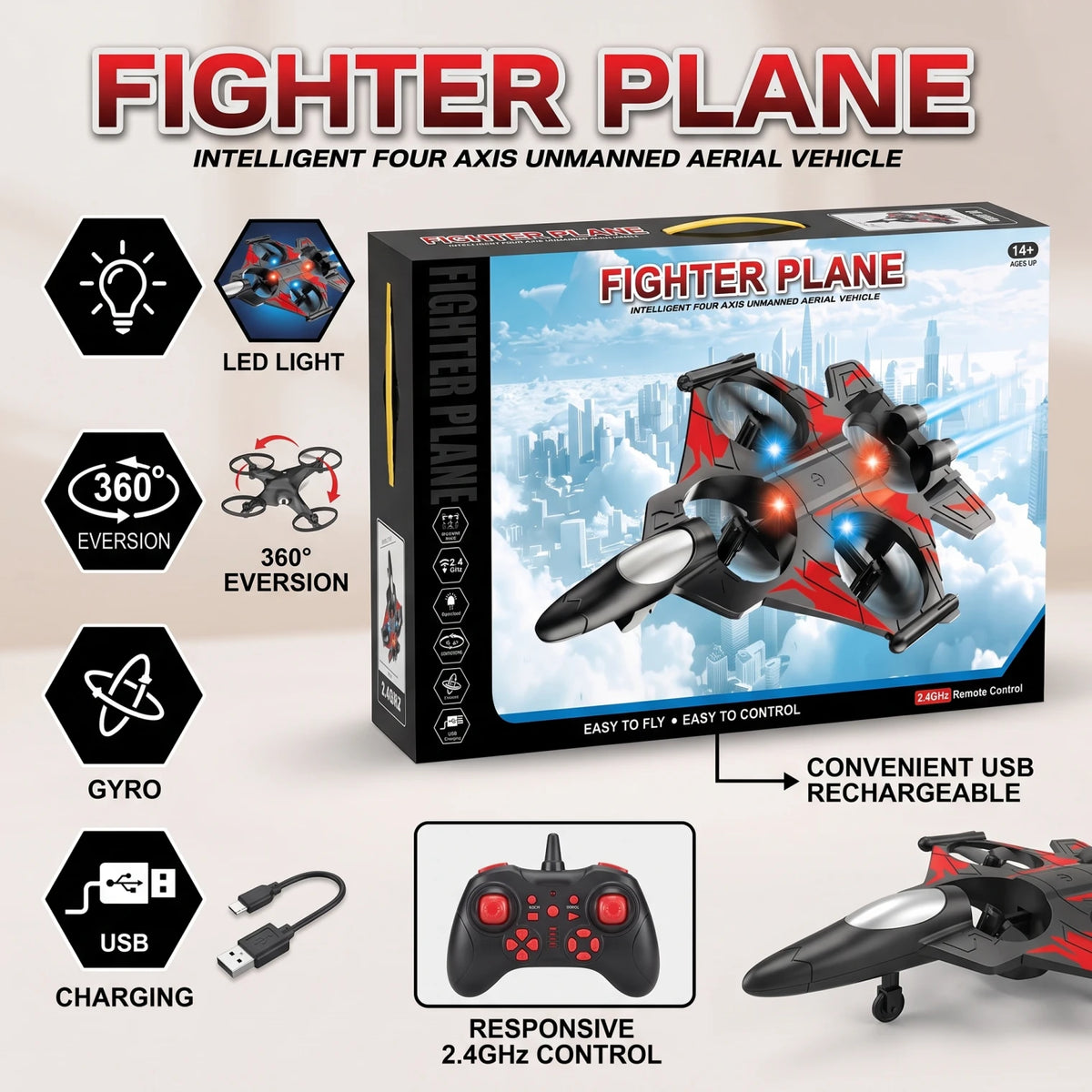 FIGHTER PLANE Remote-Controlled Toy Fighter Plane – 2.4GHz Four-Axis Aircraft with LED Light, Gyro, 360° Eversion and USB Charging