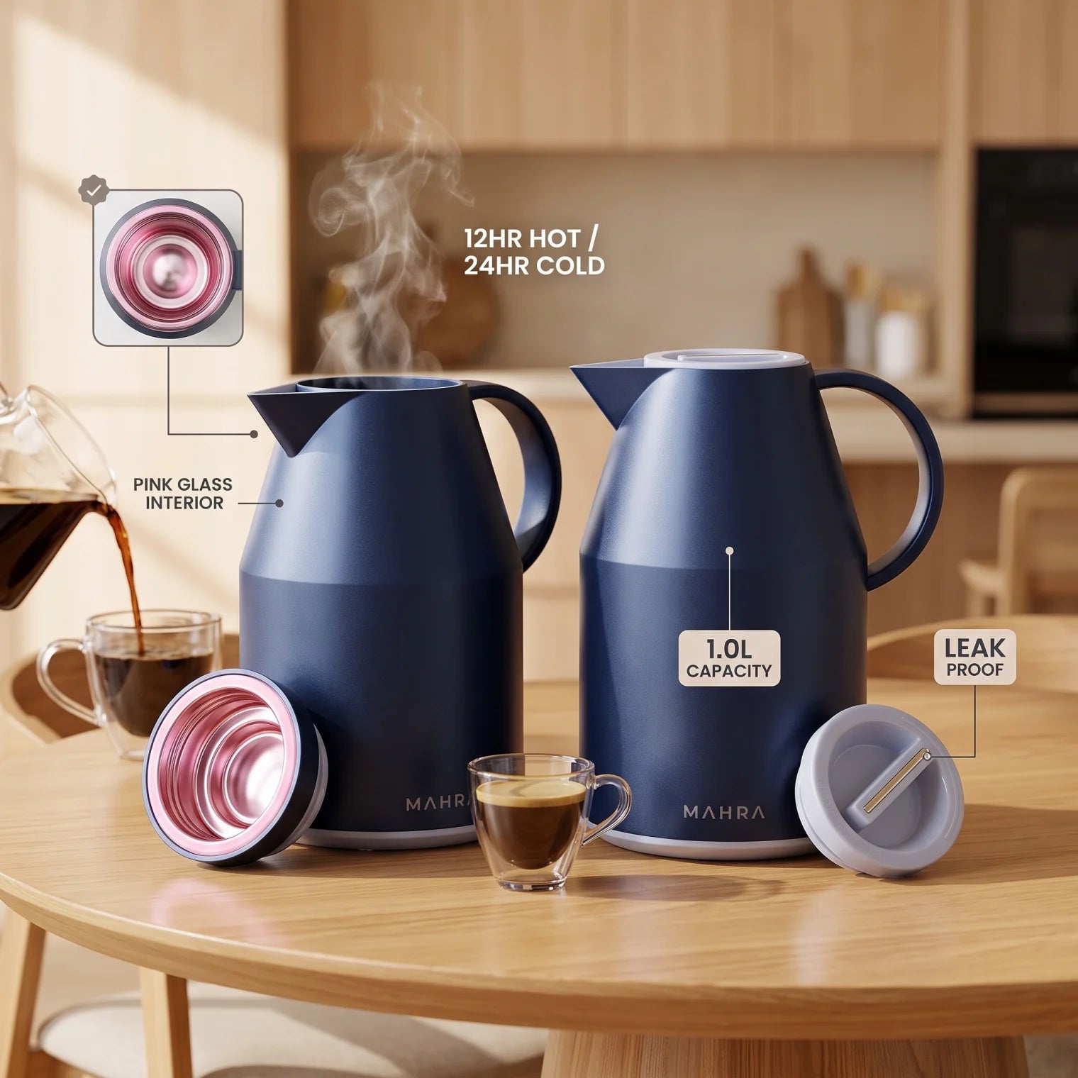 MAHRA Parati Vacuum Flask 1.0 Liter – Leak Proof | Pink Glass Interior | Keeps Tea and Coffee Hot or Cold