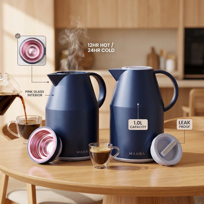 MAHRA Parati Vacuum Flask 1.0 Liter – Leak Proof | Pink Glass Interior | Keeps Tea and Coffee Hot or Cold