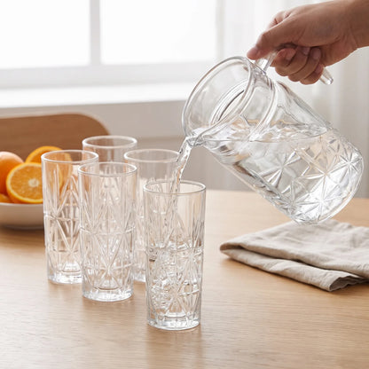 Happyware Drinkware Set – 1.8L Carafe with 6 x 360ml Glasses | Clear Geometric Pattern Water Jug and Glass Set, 7-Piece Serving Set