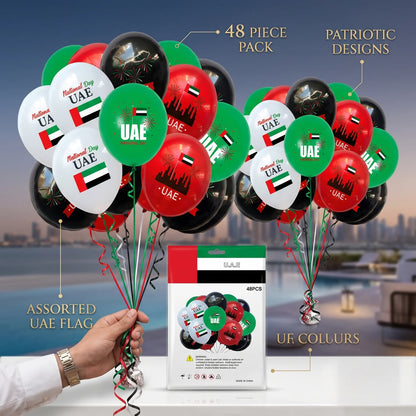 48 Pieces UAE National Day Baloons – Assorted UAE Flag Designs | Red, Green, Black, White & Blue Party Decorations