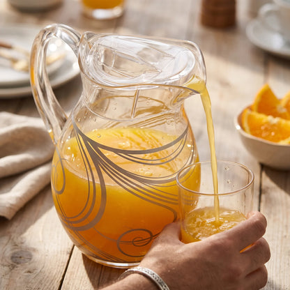 Acrylic Pitcher with Lid 2.5 Liters – Clear Jug with Gold & Silver Decorative Pattern, Large Handle and Pouring Spout for Water and Juice Serving