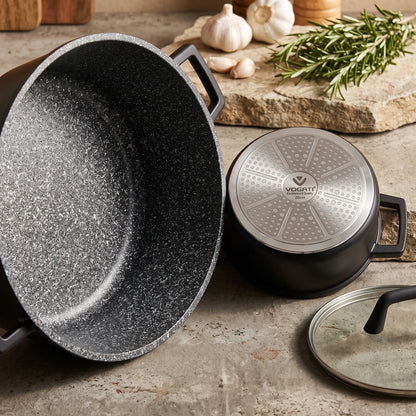 VOGATI FLORENCE SERIES 8PCS Titanium Granite Coating Non-Stick Induction Cookware Set, Black | 20/24/28cm Casseroles and 28cm Shallow Casserole