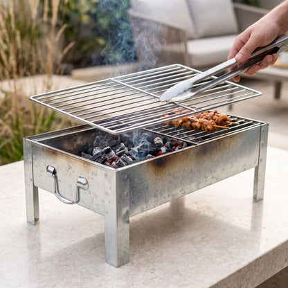 Rectangular BBQ Grill Metal Body 39 x 24 x 15 cm with Integrated Legs and Top Wire Cooking Grate