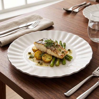 10.2 Inches Dinner Plate – White Glossy Finish, Scalloped Flower-Like Edge and Dark Rim