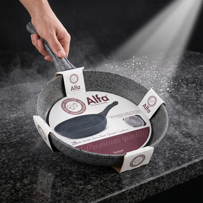 Alfa Swiss Stone Granite Cookware Fry Pan 28cm – Advanced Granite Surface | Induction Compatible | Gray Speckled Gourmet Pan