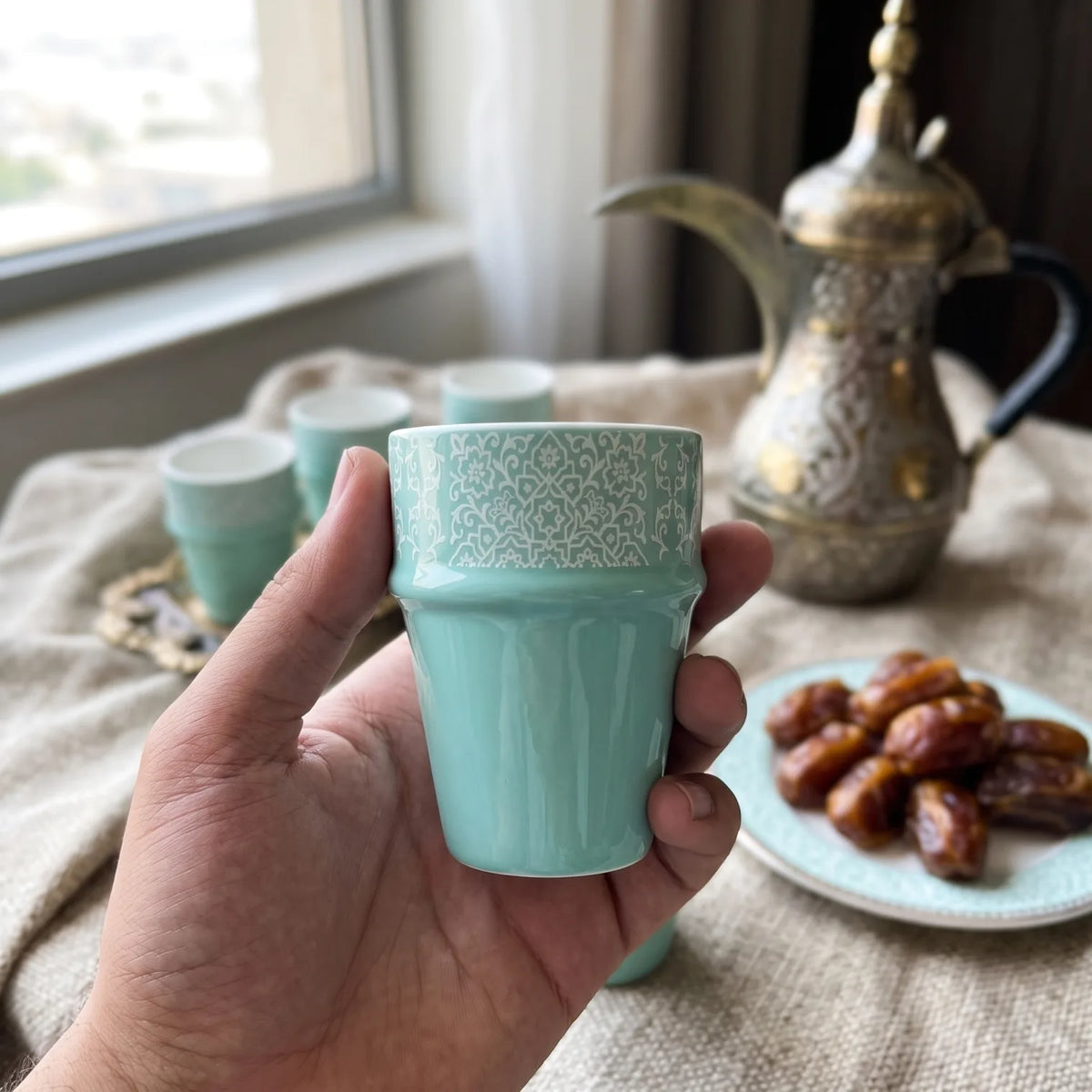 Dallah addar 12 Pieces Arabic Moroccan Bone China Porcelain Cups Set – Mint Handleless Drinking Cups with Floral Pattern and Presentation Box