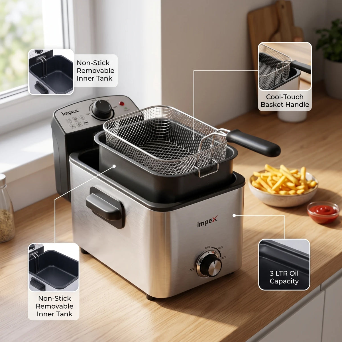 Impex Deep Fryer IDF1003 – 3 LTR, 2000W | Adjustable 130°C–190°C Temperature Control | Non-Stick Removable Inner Tank