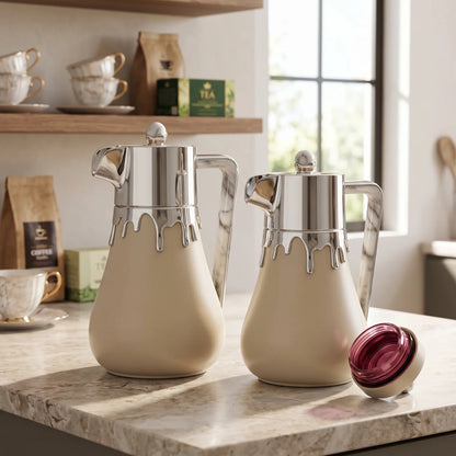 Regal 2 Piece Beige Vacuum Jug Set – 0.5L + 1.0L | Silver Drip Effect | Tea and Coffee Serving