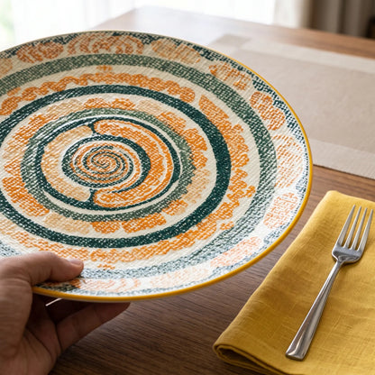 26 CM Porcelain Dinner Plate – Decorative Round Tableware with Textured Spiral Pattern and Multicolour Accents