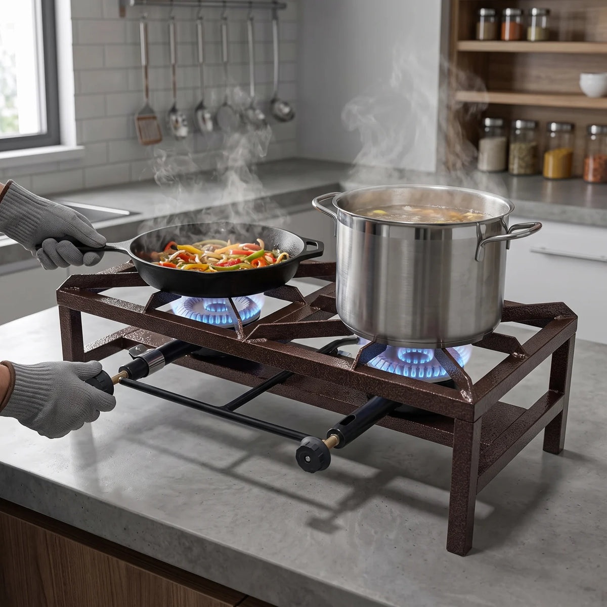Heavy Duty Double Burner Gas Stove – Brown Hammer Iron Frame, Dual Manual Controls, Medium/Large Sizes, Freestanding Two-Burner Gas Cooker - Medium - Image 3