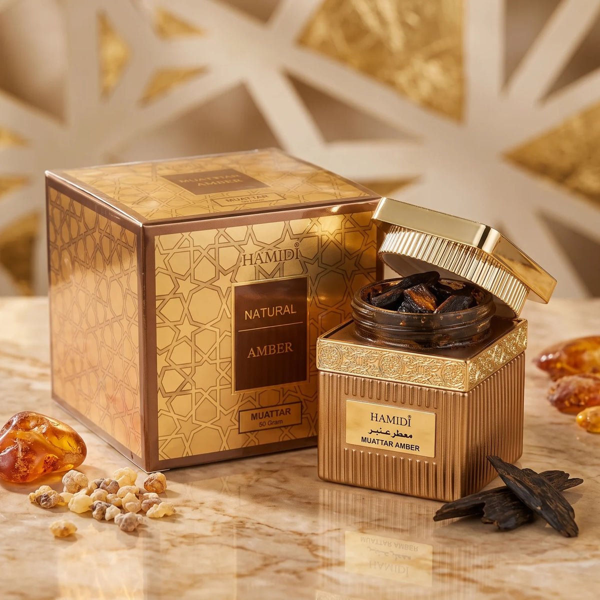 HAMIDI MUATTAR AMBER 50 grams – Natural Amber Scented Fragrance Product in Ornate Gold Packaging