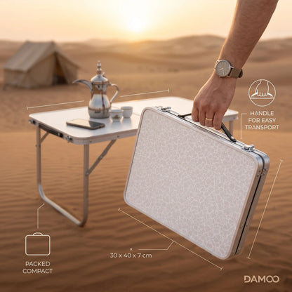 Aluminium Alloy Foldable Mini Camping Table – 60 x 40 x 26 cm | White Patterned Top, Silver Frame and Folding Legs